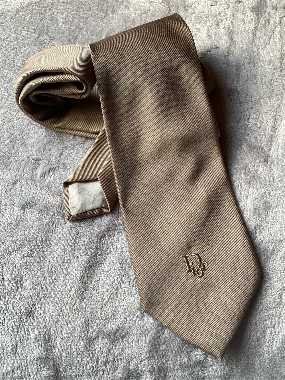 Dior Taupe Satin Tie with Gold 'D' Monogram